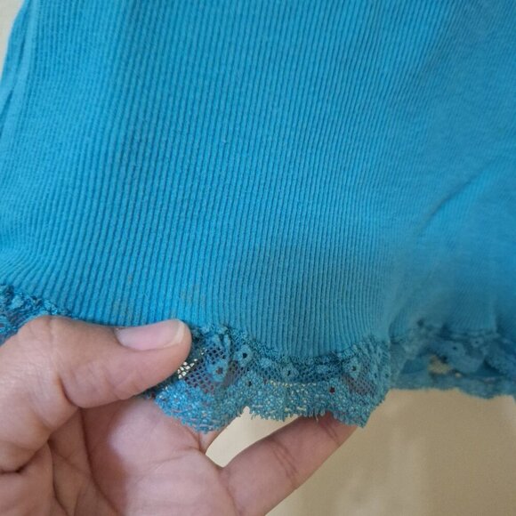 Vintage 2000s Y2K American Eagle Teal Lace Trimmed Slim Fit Ribbed Tank Top  Siz - Picture 3 of 5